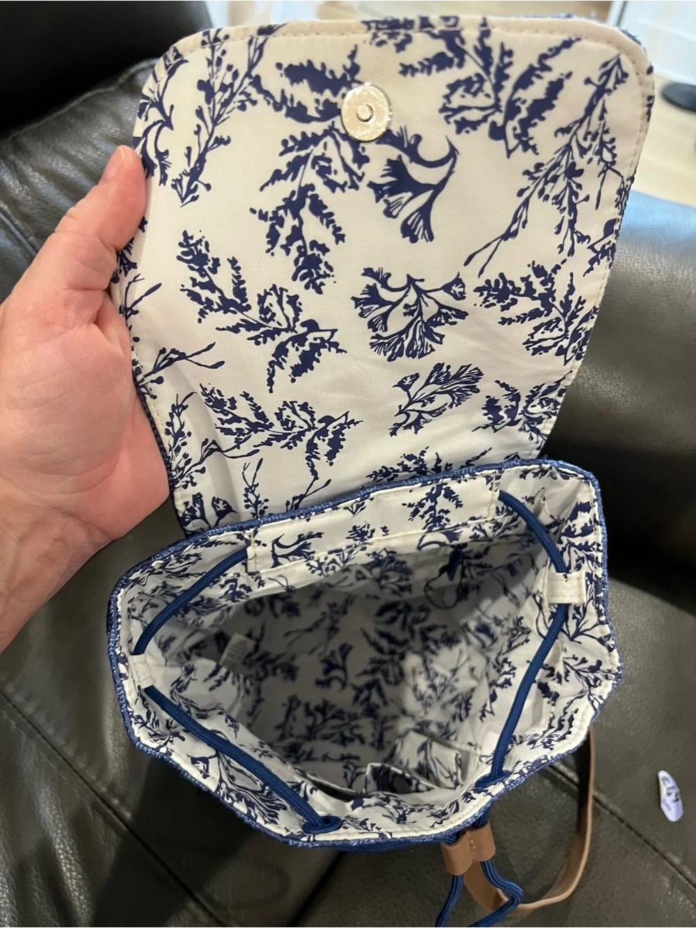 Vera Bradley Small Blue Turtle Embroidered Backpack with Tan Trim